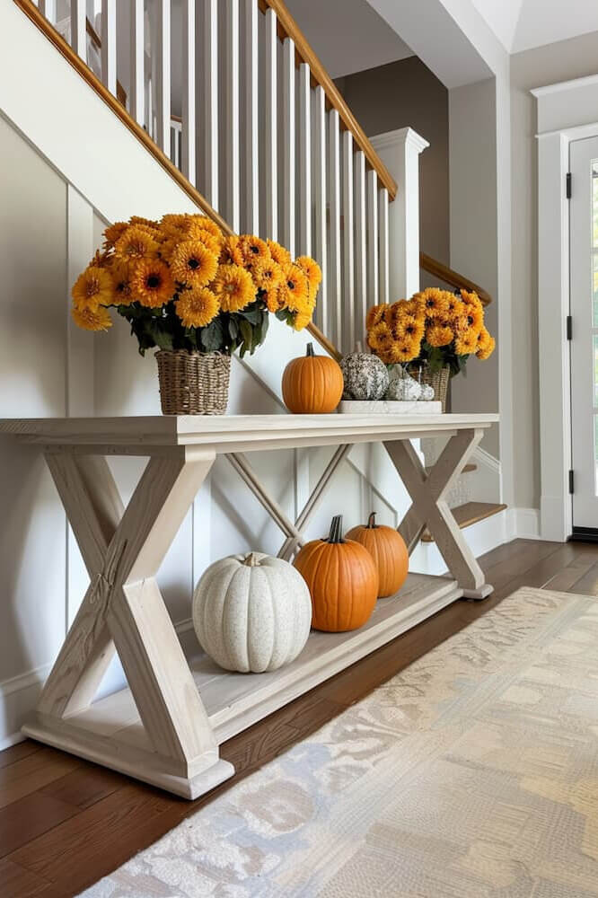 Fall entryway with farmhouse entry table decorated with mums and pumpkins for a simple fall look.