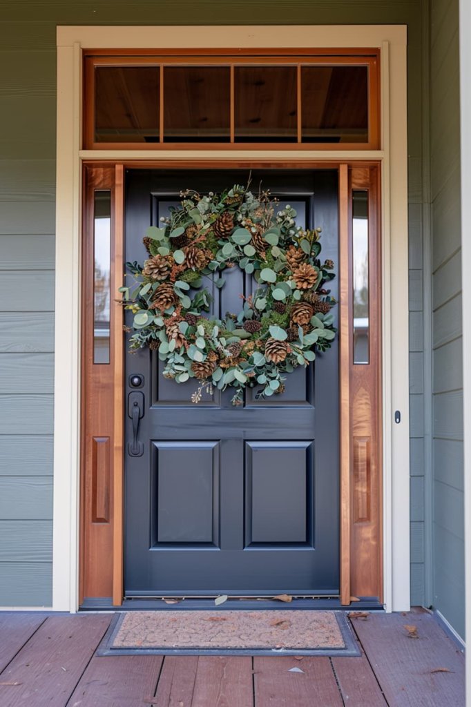 Fall entry with large eucalyptus wreath hanging on black door