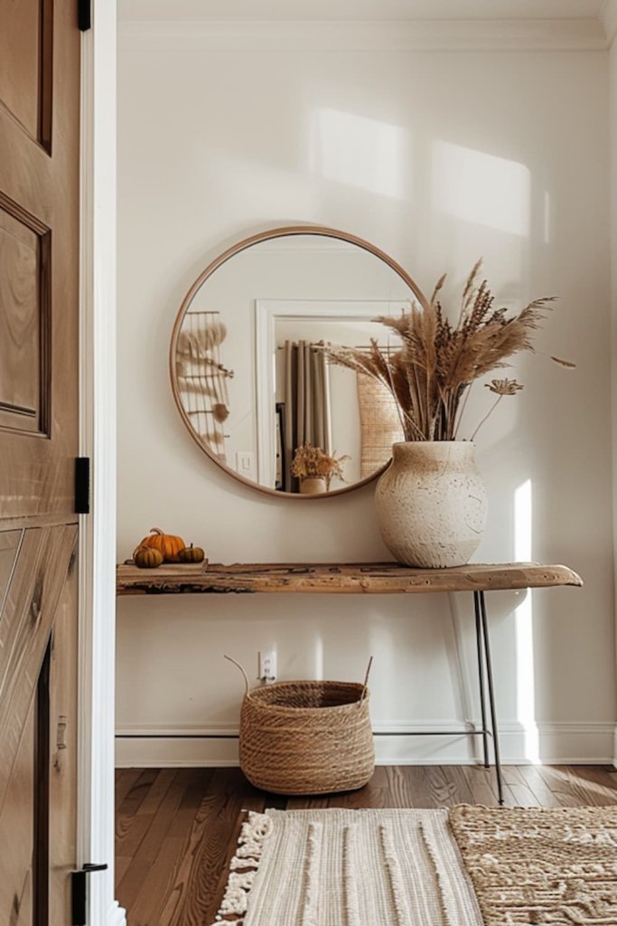 Modern entryway decorated for fall with pampas grass