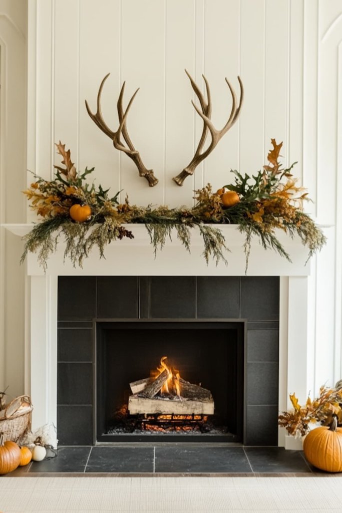 Rustic fireplace mantel with antlers